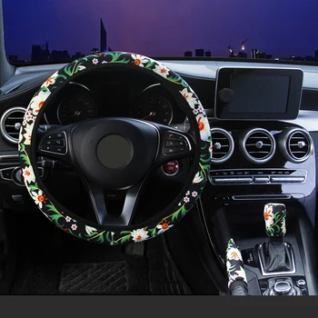 

Flower Printed Steering Wheel Cover 3PCS Handbrake Shift Cover Non-slip 37-38CM