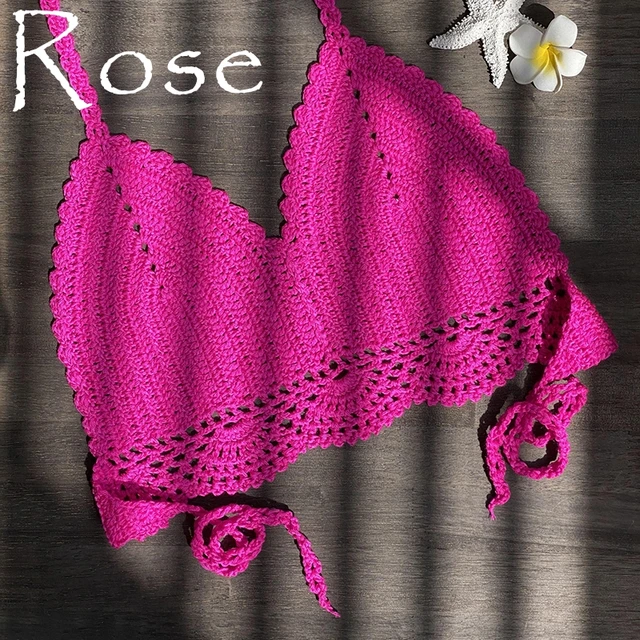 2021 New Bikini Top Handmade Crochet Women Boho Beach Bralette Solid Halter Knitted Swimsuit Brazilian Bikinis Bathing Suit Top Rose