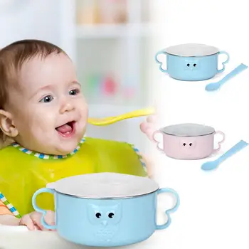 

Baby Bowl Tableware Learning Cartoon Bear with Cover Baby Stainless Steel Suction Cup Insulation Bowl Complementary Food