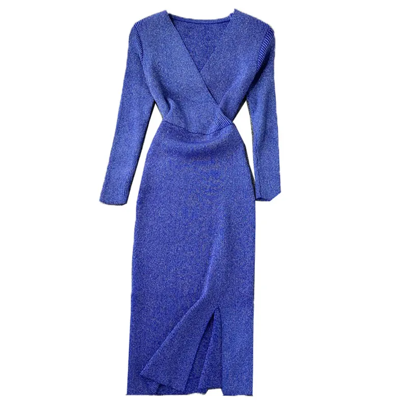 

Women Knit Dress Long V-neck Tight Elastic Dress Autumn Winter Bottoming Sweater Dress Ladies Club Party Costume Vestidos A973