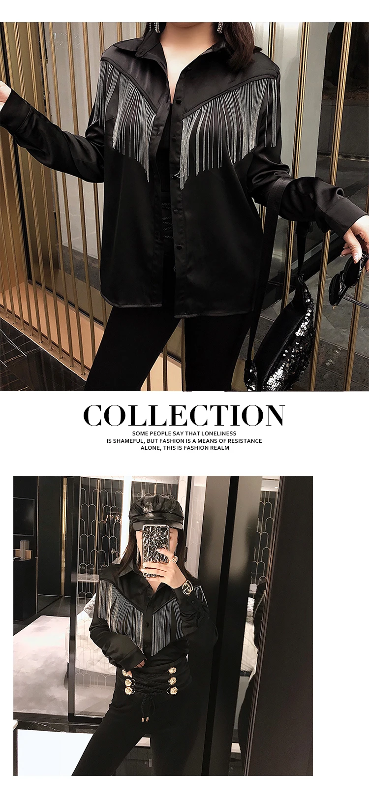 Cakucool Новая блузка с бахромой, расшитая блестками, женская черная блуза с длинным рукавом, свободная Корейская дизайнерская панк-Солнцезащитная блузка для женщин