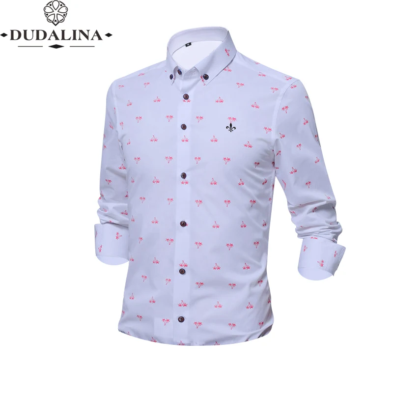 С принтом кокосового дерева модная блуза Camisa Social Masculina Dudalina рубашка с длинным рукавом Slim Fit Мужская одежда с цветочным принтом пуловер Белый мужской