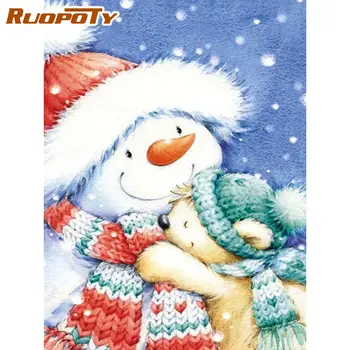 

RUOPOTY Diy Framed Painting By Numbers Kits For Kids Unique Gift Cute Christmas Hat Snowman Scenery Oil Paints Wall Craft Decors