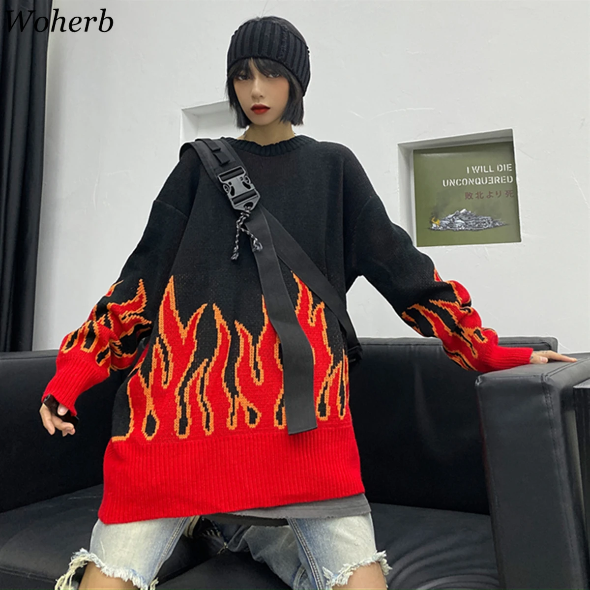 Woherb пламя жаккардовый трикотаж Wo мужской свитер хип хоп пуловер Harajuku уличная одежда Sueter Mujer вязаный джемпер Pull Femme