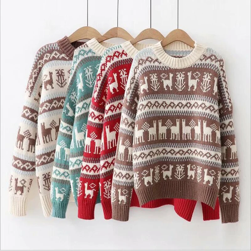 

2020 Autumn And Winter Sweater Women Pullovers Top Jacquard Knit Pullover Thick Warm Crew Neck Christmas Elk Sweaters Pull Tops