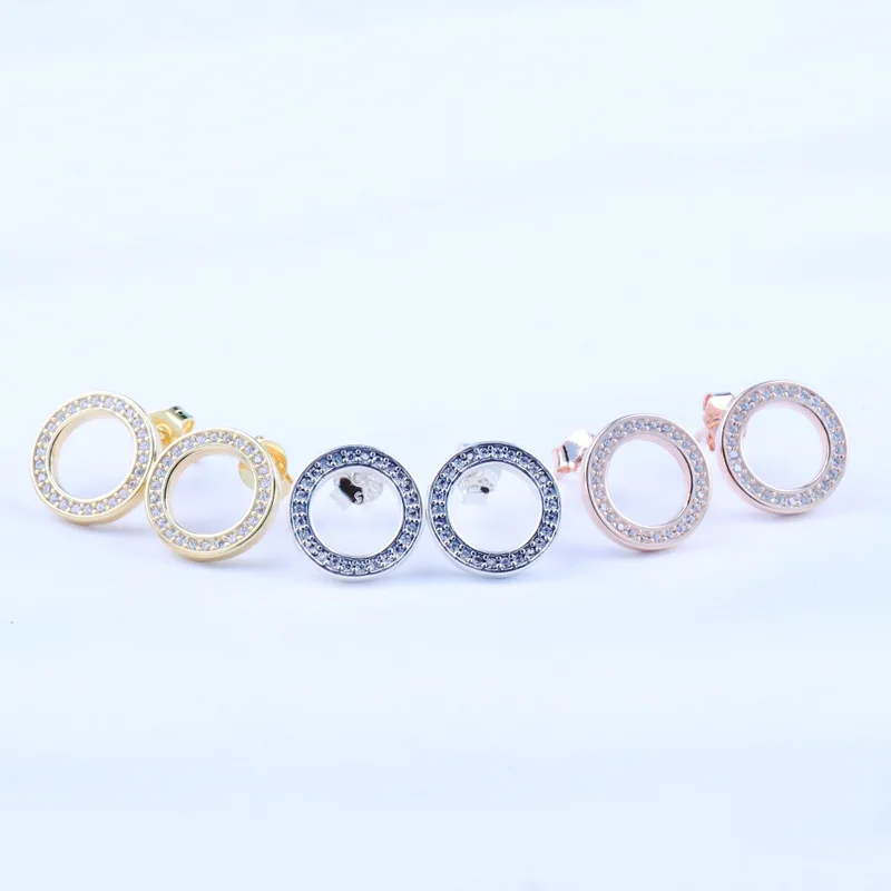 

Genuino 925 prata esterlina rosa espumante circular para sempre com cristal pan brincos para o casamento feminino moda joias