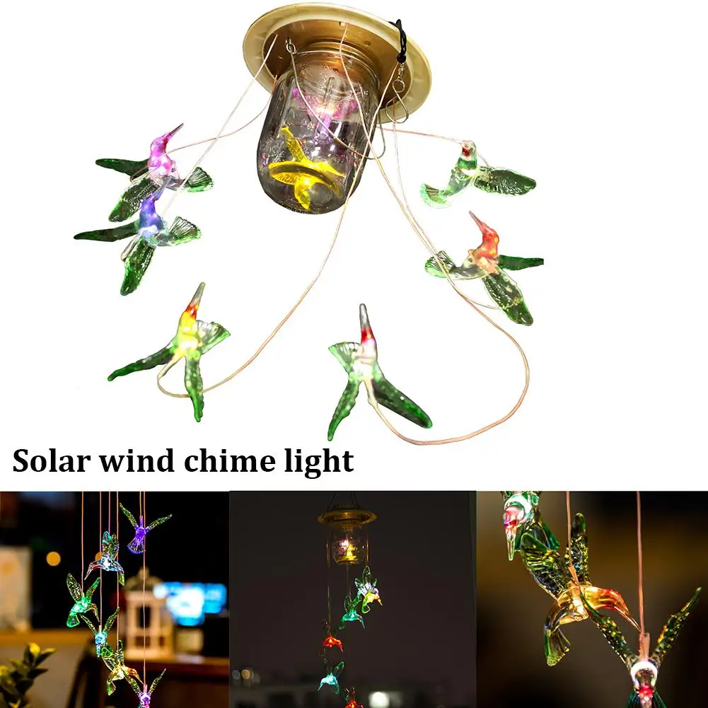 

New Upgraded 7 Colors Changing 8 LED Solar Powered Hummingbird Wind Chime Light Yard Hanging Garden Decor Mason Jar 30E