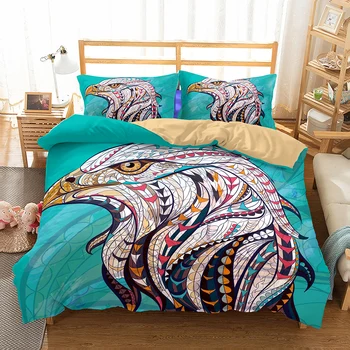 

Custom Bedding Set Eagle with Colorful Feather Blue Duvet Cover Set 100% Microfiber Comforter Set Double Queen Bed Linen Set