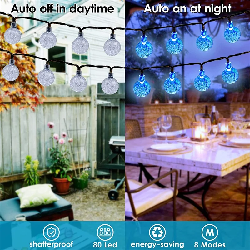 Solar String Lights Outdoor 60 Led Crystal Globe Lights with 8 Modes Waterproof Solar Powered Patio Light for Garden Party Decor solar motion lights