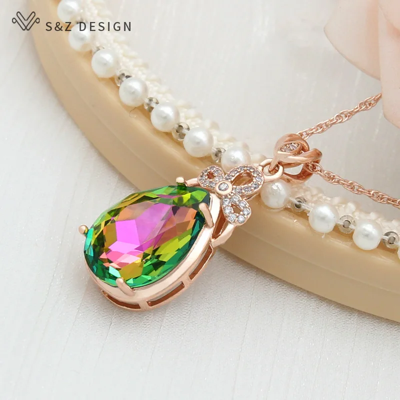 S&Z DESIGN New Luxury Cubic Zirconia Water Drop Colorful Crystal 585 Rose Gold Color Pendant Necklace For Women Wedding Jewelry
