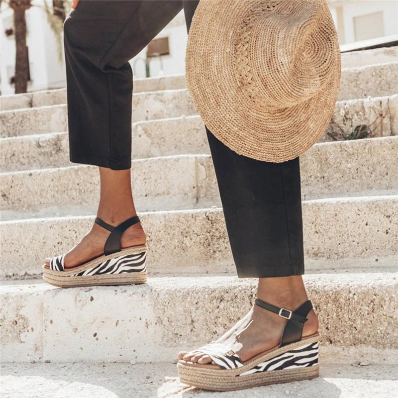 EPHER alpargatas con y estampado Animal, sandalias de cuña con punta abierta, con correa en tobillo|Zapatos de tacón de mujer| - AliExpress