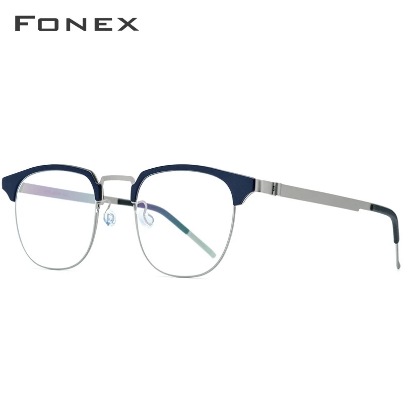 FONEX ацетатные очки с оправой из сплава, оправа для мужчин и женщин, винтажные круглые очки для близорукости, оптические очки, полурецептурные очки, Безвинтовые очки 98627 - Цвет оправы: Dark Blue Silver