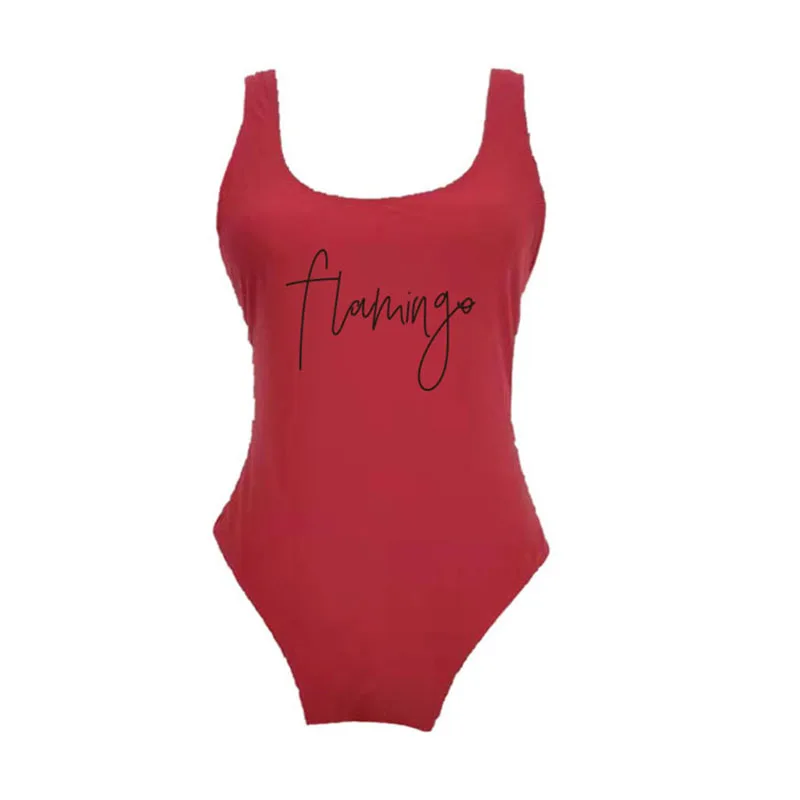 

FLAMINGO Letter Print One Piece Swimwear Women Low Back Bikini 2019 Monokini Swimming Suit Backless Beachwear Women Swim Suit.