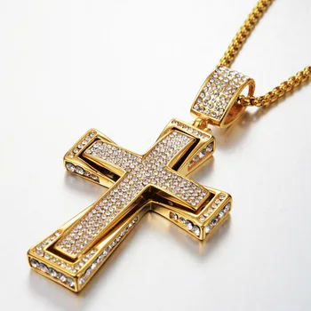 

Titanium Steel Iced Out Bling Rhinestone Big Golden Cross Pendant Necklace Hip Hop Metal Men Vintage Style Punk Gift Party
