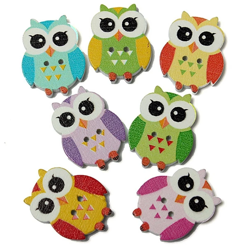 100Pcs Lovely Owl Animal Wooden Button Sewing Scrapbooking DIY Craft 2 Holes Mixed Color