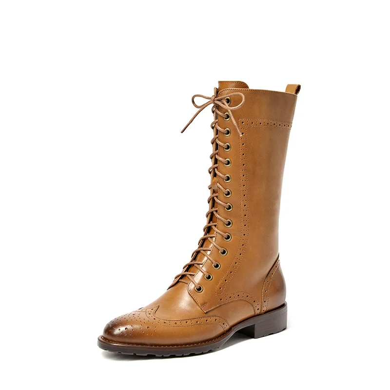 BeauToday ботинки до середины икры женские удобные ботинки ручной работы из натуральной коровьей кожи с круглым носком, боковой молнией и шнуровкой 02021 - Цвет: Brownish Yellow