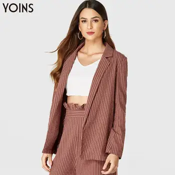 

YOINS 2020 Autumn Winter Women Suit Jackets Cotton Stripe Lapel Collar Long Sleeves Rust Casual Office Work Blazer Coats Elegant
