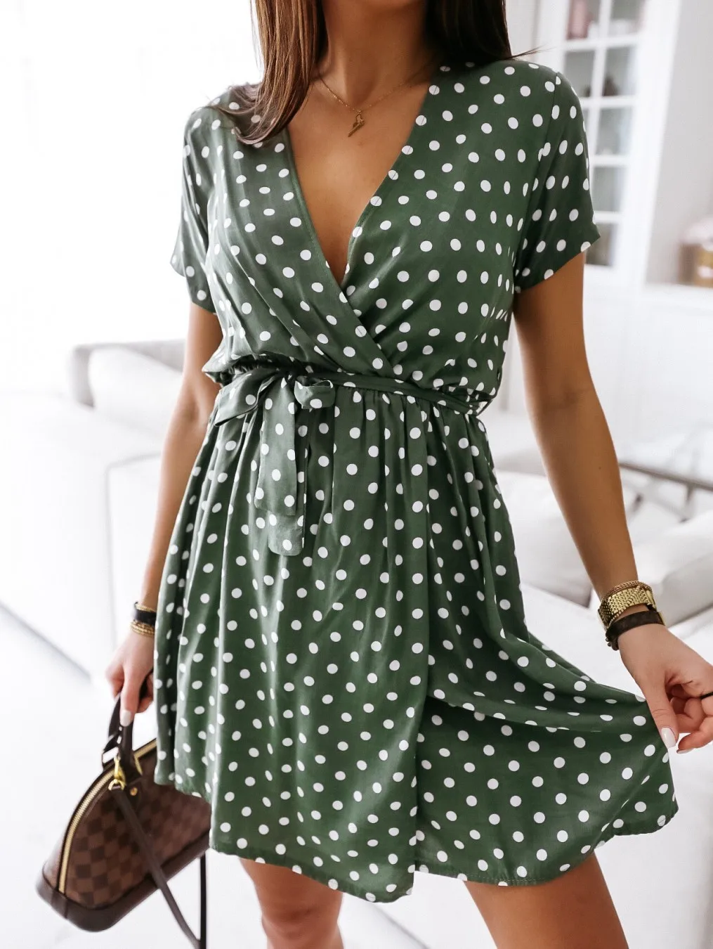 Womens Summer Fashion Mini Dress Short Sleeve V-Neck Ladies Polka Dot Dreeses Split Vestidos For Femela Boho Beach Holiday | Женская