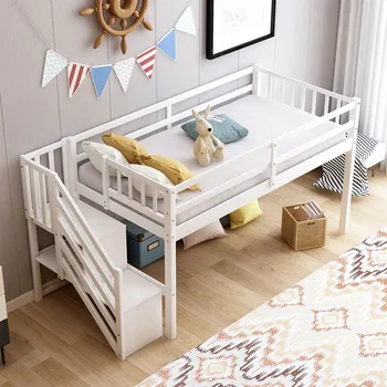 

Low Loft Twin Bed Safety Stylish and Sturdy Solid Wood Twin Loft Bed Ladder with Handrails Children Bedroom Furniture Grey White