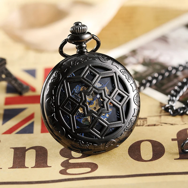 Top Luxury Steampunk Black Mechanical Pocket Watch With FOB Chain Hand Wind Skeleton Hollow Clock For Men Women Gift Box