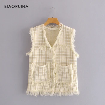 

BIAORUINA Women's Tassels Sleeveless V-neck Single Breasted Beadings Fashion Knitted Vest Female Loose Casual Sweater One Size