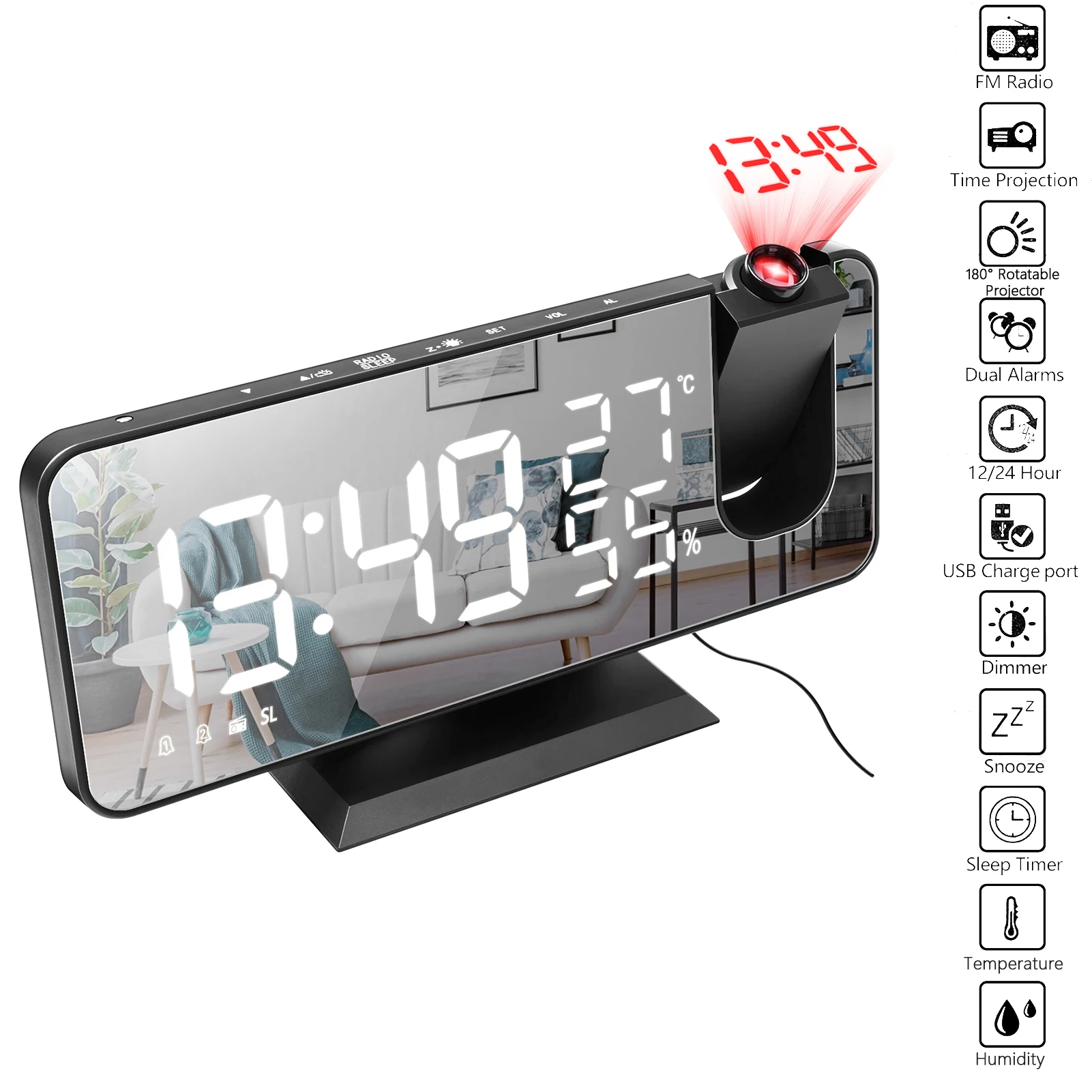 Projectie Elektronische wekker Elektronische slimme LED-desktopklok FM-radio LED-projector Temperatuur- en vochtigheidsklok