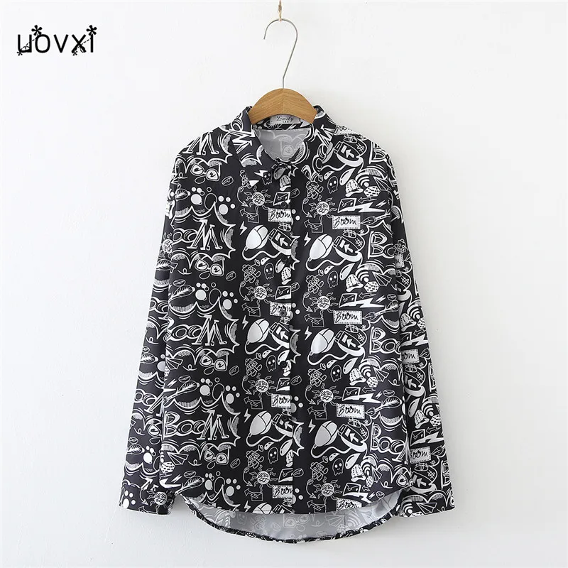 

Fall/winter graffiti print women's shirt lapel casual clothes outside the trend of Korean loose office boyfriend blush shirt