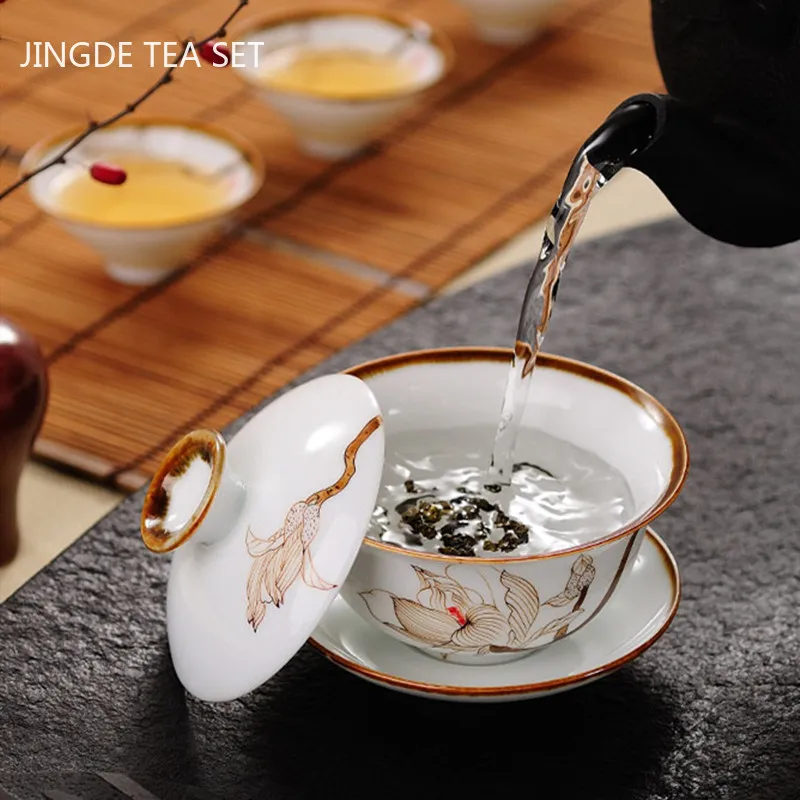 Retro Hand Painted Flower Pattern Ceramic Gaiwan Teacup Handmade Tea Tureen Bowl Chinese Porcelain Teaware Drinkware 120ml