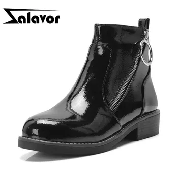 

ZALAVOR 2020 Fashion Ankle Boots Side Zipper Pattern Leather Flats Boots Autumn Winter Keep Warm Fur Shoes Women Size 32-43
