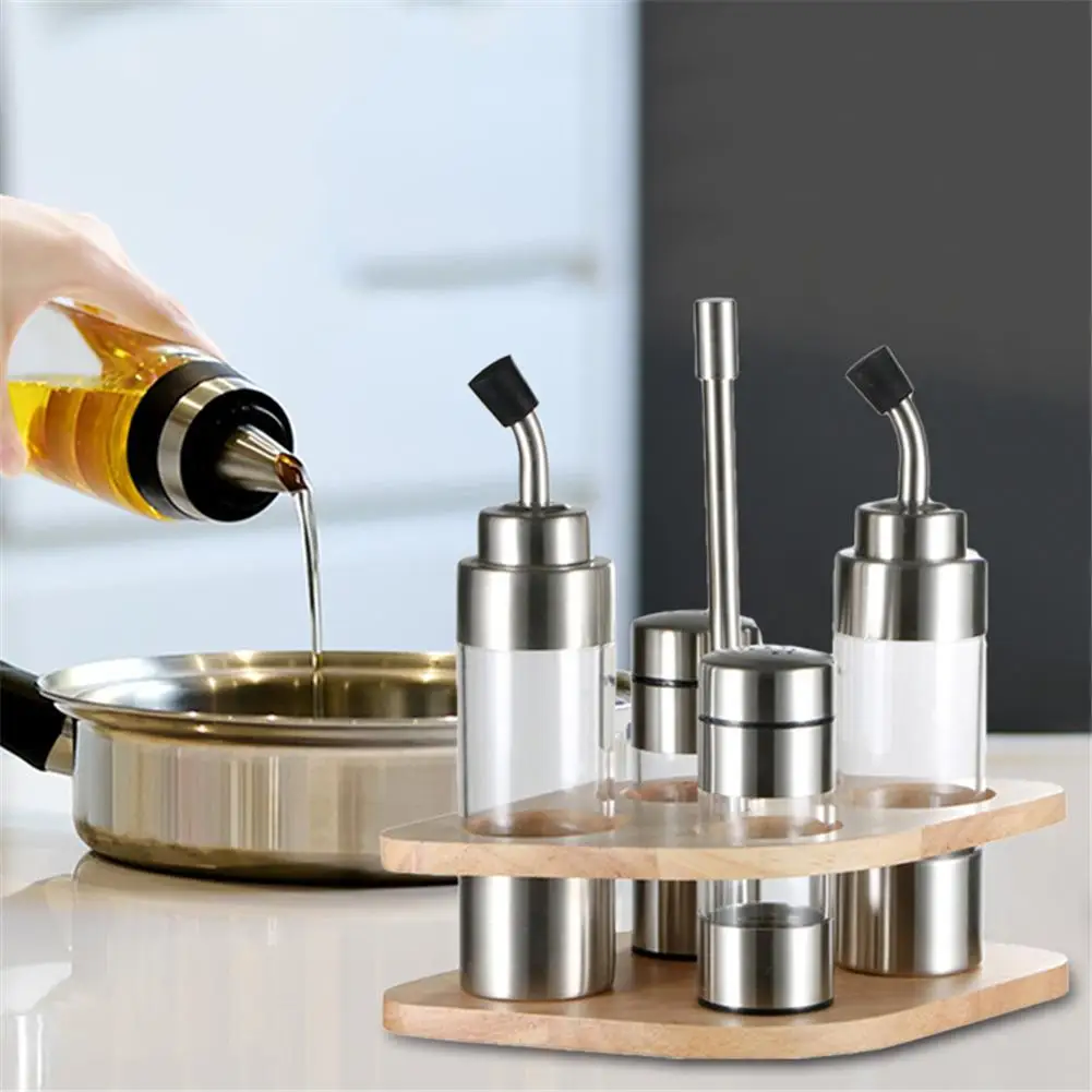 

Seasoning Bottle Set With Wooden Rack Translucent Pepper Bottle Holder Kitchen Tools For Oil Salt Vinegar Soy Sauce Storage