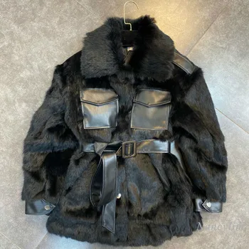 

Real Rabbit Fur Jacket Women 2020 Winter Lapel Long Sleeve Belt Waist Tight Cotton-Padded Clothes Fashion Lady Outwear Tops