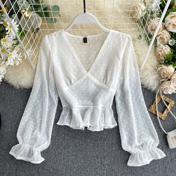 

Sheer Polka Dot Blouse Chiffon Peplum Top V Neck Shirt Women See Through Crop Tops Long Sleeve Korean Clothes 2020 Summer Shirts