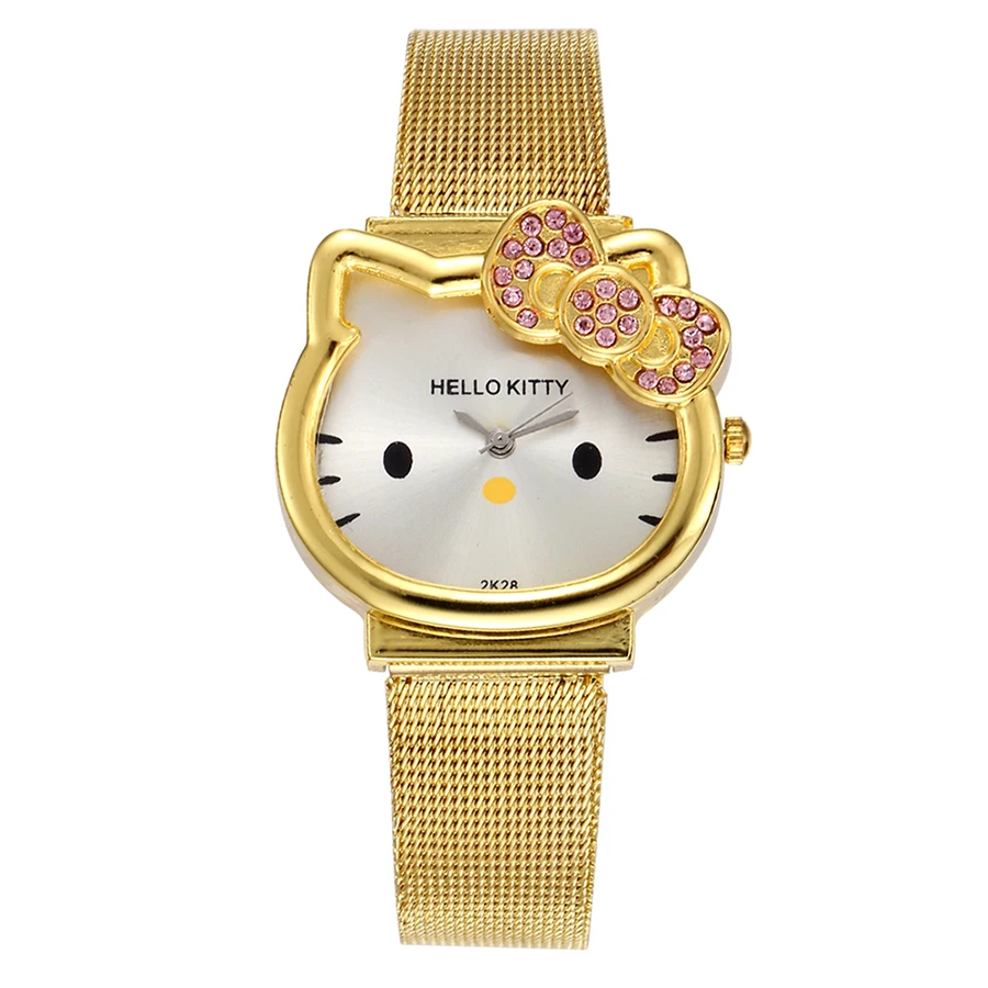 Золотой Кварцевые часы с кошкой hello kitty, женские Роскошные модные женские часы для девушек, новинка, серебряные сетчатые часы со стальным ремешком, милые наручные часы с кристаллами и золотом - Цвет: Золотой