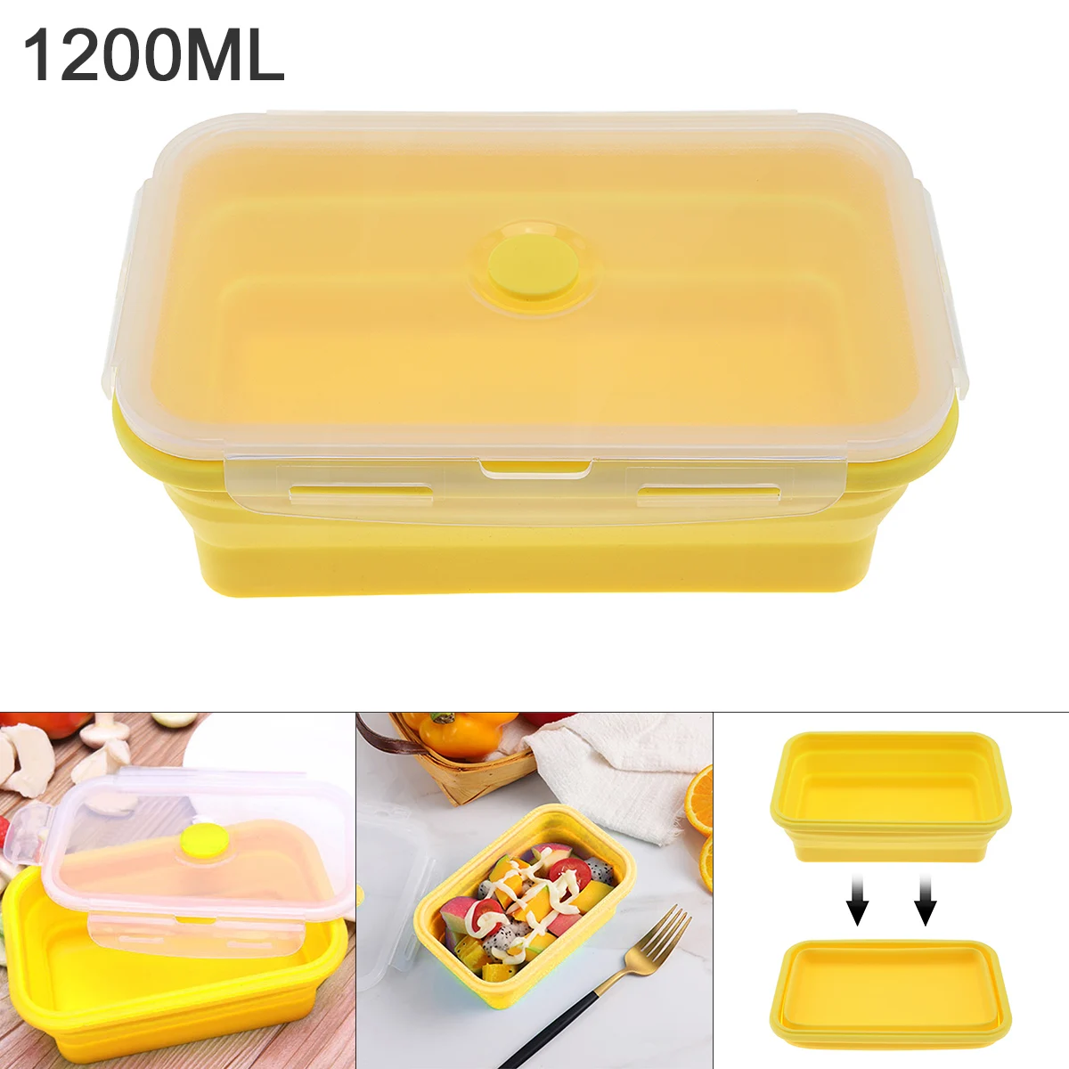 

Yellow 1200ML 8 Inch Rectangle Silicone Scalable Folding Lunchbox Bento Box with Silicone Sealing Plug for - 40 ~ 230 Centigrade