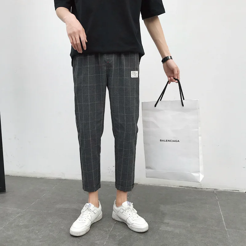 

Summer Capri Pants Men's Korean-style Trend Plaid Casual Pants MEN'S Pants INS Loose-Fit Versatile Athletic Pants Hong Kong Styl