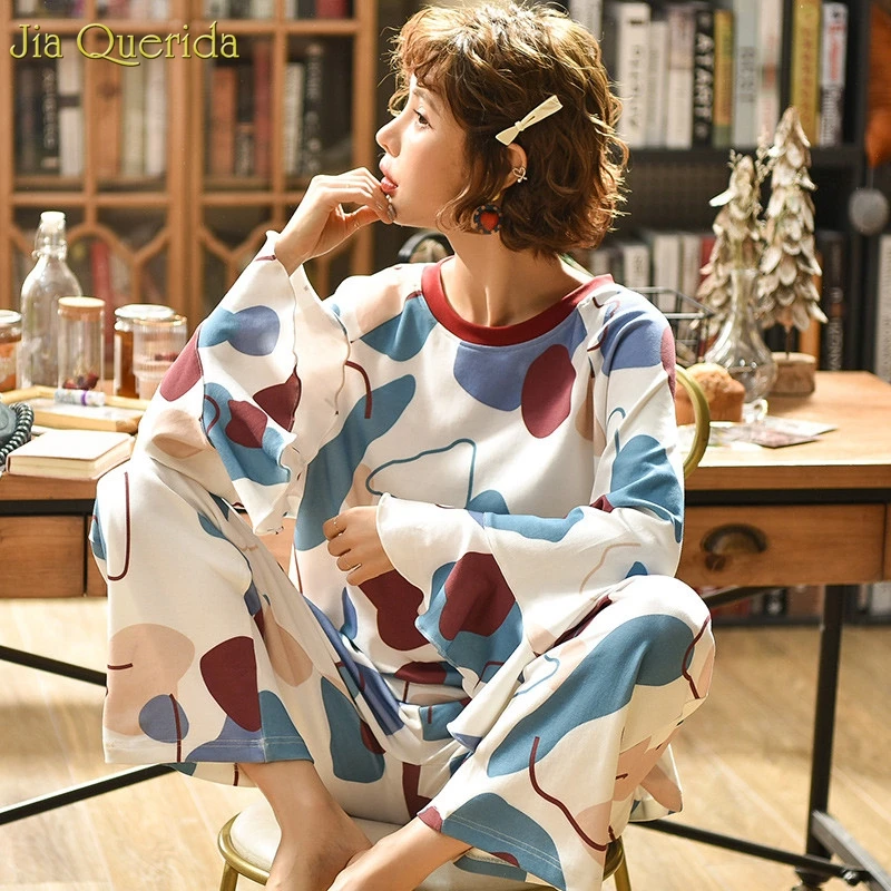 Loungewear женское хлопковое каваи белье больших размеров для девочек-студенток, спальные костюмы, штаны с длинными рукавами, модные женские пижамы в Корейском стиле - Цвет: 2273