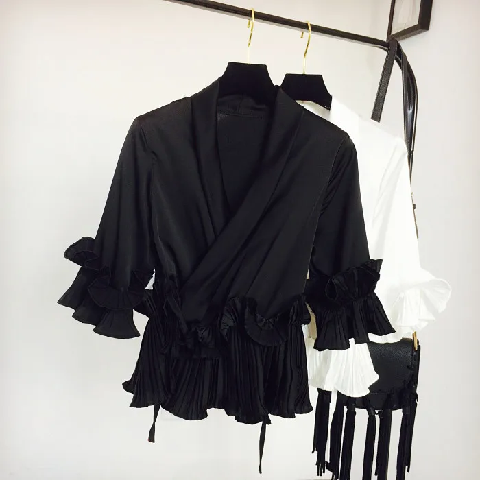 Цветочная шифоновая кружевная рубашка с v-образным вырезом и бантом, блузки для женщин, рукав три четверти, глубокий топ с ленточным галстуком, весна, WF983