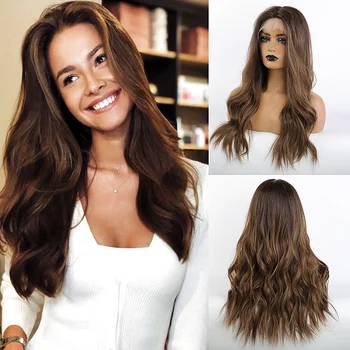 

JONREANU Lace Front Synthetic Dark Brown Wig Long Natural Wave Heat Resistant Fiber L part Lace Wig for African American Women