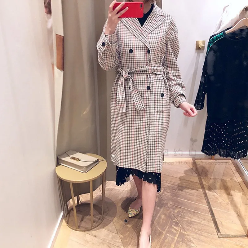 

Women Trench Coat Plaid Double Breasted Long Coat Houndstooth Manteau Femme For New Autumn Winter