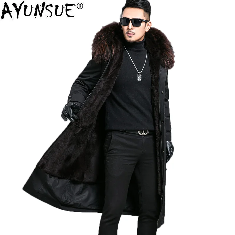 

AYUNSUE Real Fur Coat Men Winter Jacket Parka Natural Rabbit Fur Liner Raccoon Fur Collar Luxury Fur Jackets Parkas 4462 KJ2983
