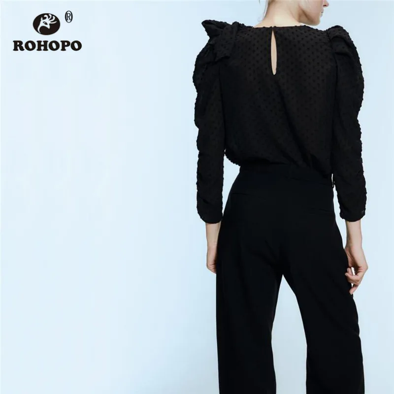 ROHOPO, длинный рукав, вышивка, полк, точка, черная блузка, на плече, бант, круглый воротник, Пышный рукав, осенние женские праздничные топы, блуза#6531