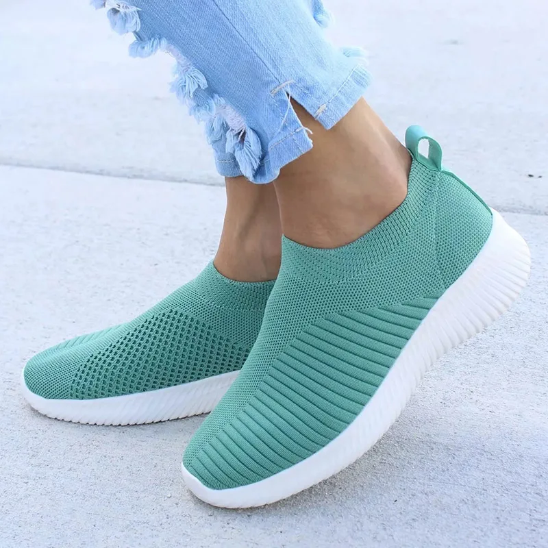 Zapatillas de de tejido de punto para mujer, zapatos planos femeninos, de talla para caminar de primavera verano|Zapatos planos de mujer| -