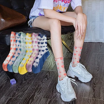 

Colorful Love Heart Ultra Sheer Tulle Socks Women Sexy Ruffle Dress Mesh Cute Glass Nylon Socks Best Summer Embroid Slouch Socks
