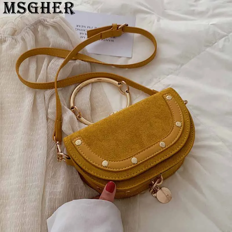 

MSGHER Frosted Rivet Women Saddle Bag Summer Frosted Metal Sheets Designed Ring Wristband French Style Shoulder Women Bag WB2757