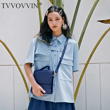

TVVOVVIN 2020 Summer New Blouse Solid Single-breasted Cardigan Patchwork Turn-down Collar Casual Short Sleeve Fashion A830