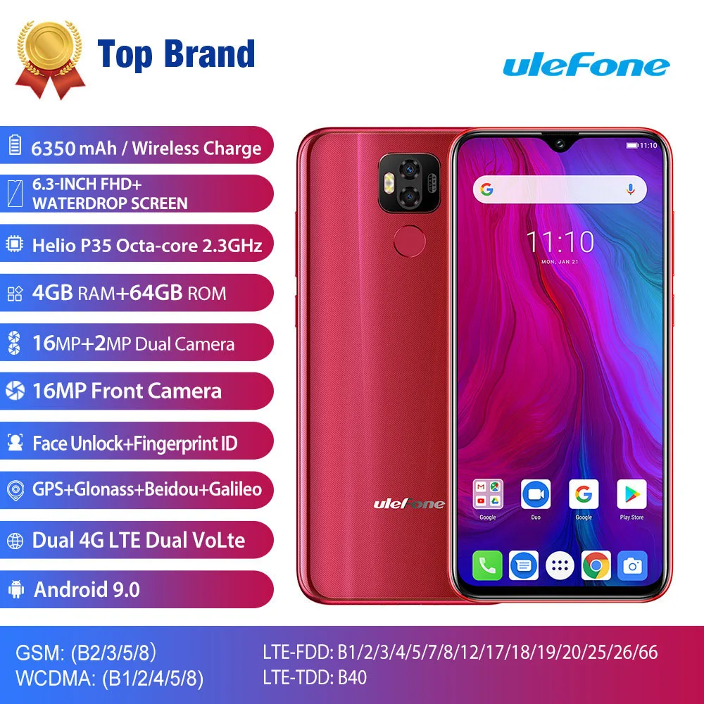 Смартфон Ulefone power 6, 4 ГБ, 64 ГБ, Android 9,0, 6350 мАч, 6,3 дюймов, FHD+ 16 Мп+ 16 МП, Helio P35, четыре ядра, NFC, Face ID, 4G