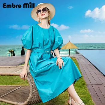 

Street Style Solid Puff Sleeve Dress Women's New Summer O-Neck Seaside Party Noble Elegant Dress S-XL