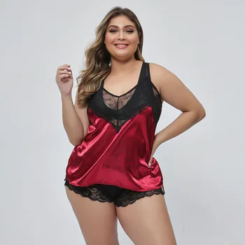 

Large Size Pajamas Women Sexy Nightgown Lace Pattern Satin Strap Split Sexy Lingerie Suit
