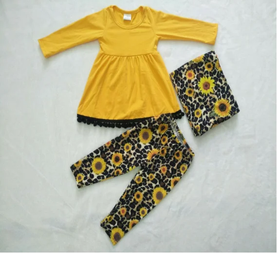 

Leopard-print sunflower girl's fall outfit children's wear high-quality fashion boutique 3 piece set plus scarf