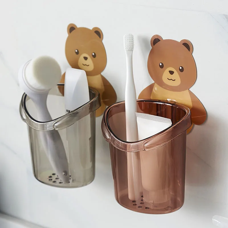 

Thours Storage Rack Bathroom Bear Rack Cartoon Wall-Mounted Toothpaste Toothbrush Washstand Storage Can Bathroom Organizer